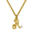 Lab Grown Diamond Pendant Necklace 0.02 Carat Round Shape 925 Sterling Silver Gold Plated Initial R Pendant Necklace