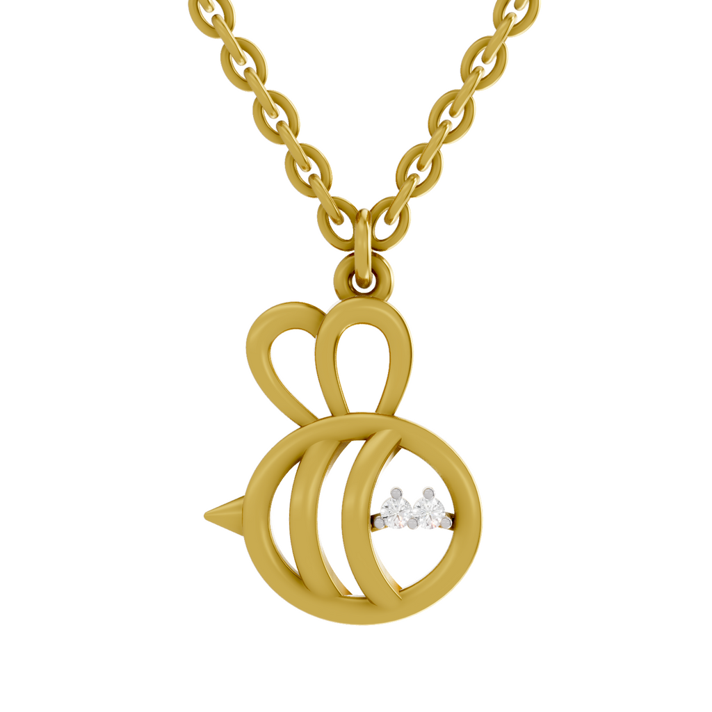 Lab Grown Diamond Pendant Necklace 0.02 Carat Round Shape 925 Sterling Silver Gold Plated Busy Bee Pendant Necklace