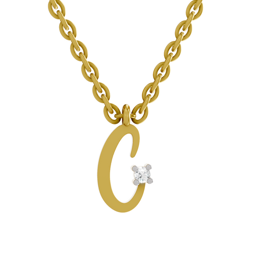 Lab Grown Diamond Pendant Necklace 0.02 Carat Round Shape 925 Sterling Silver Gold Plated Initial C Pendant Necklace