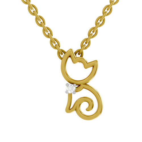 Lab Grown Diamond Pendant Necklace 0.02 Carat Round Shape 925 Sterling Silver Gold Plated Kitty Cat Pendant Necklace