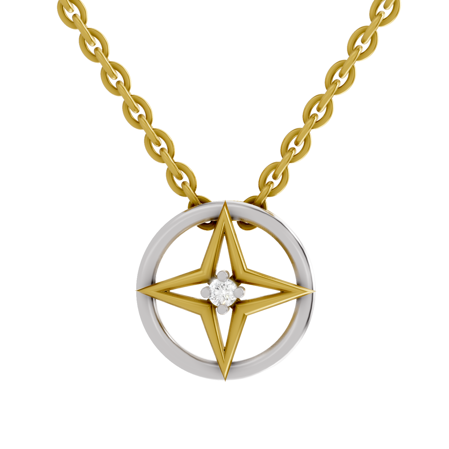Lab Grown Diamond Pendant Necklace 0.02 Carat Round Shape 925 Sterling Silver Gold Plated Four-Pointed Star Pendant Necklace