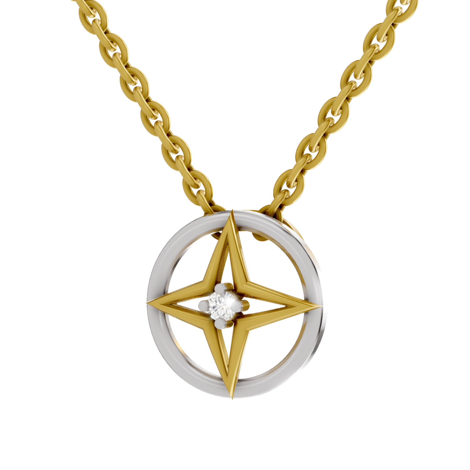 Lab Grown Diamond Pendant Necklace 0.02 Carat Round Shape 925 Sterling Silver Gold Plated Four-Pointed Star Pendant Necklace