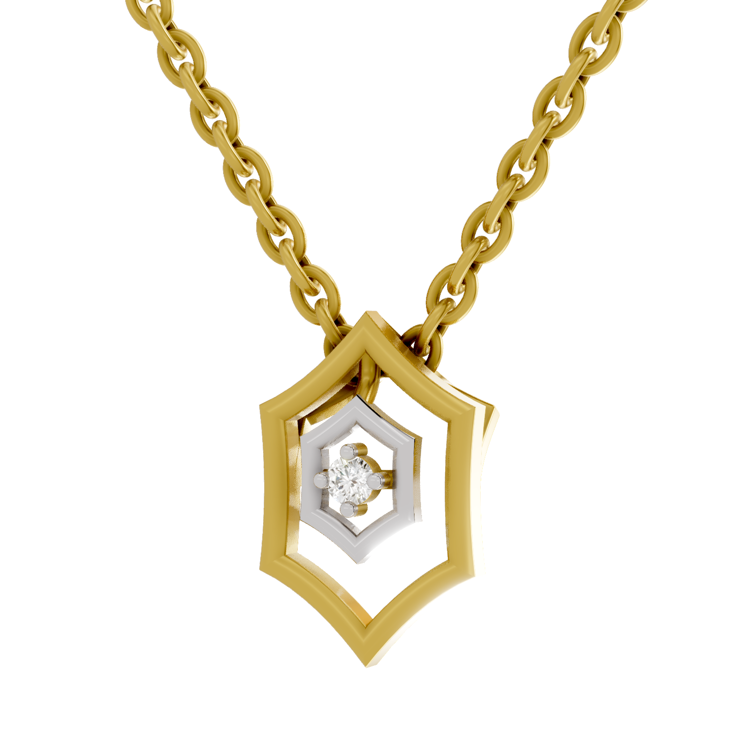 Lab Grown Diamond Pendant Necklace 0.02 Carat Round Shape 925 Sterling Silver Gold Plated Hexagon Shield Pendant Necklace