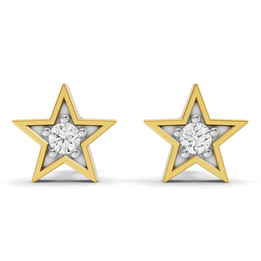 A pair of gold star-shaped stud earrings with a central clear round gemstone and small silver-toned accent stones, shown on a plain white background.