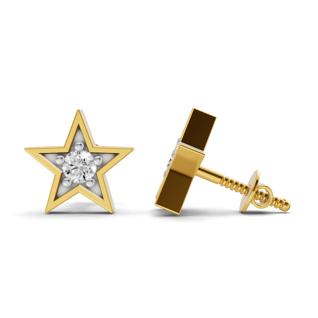 Gold star-shaped stud earrings with a central clear gemstone, shown from both front and side angles on a white background.