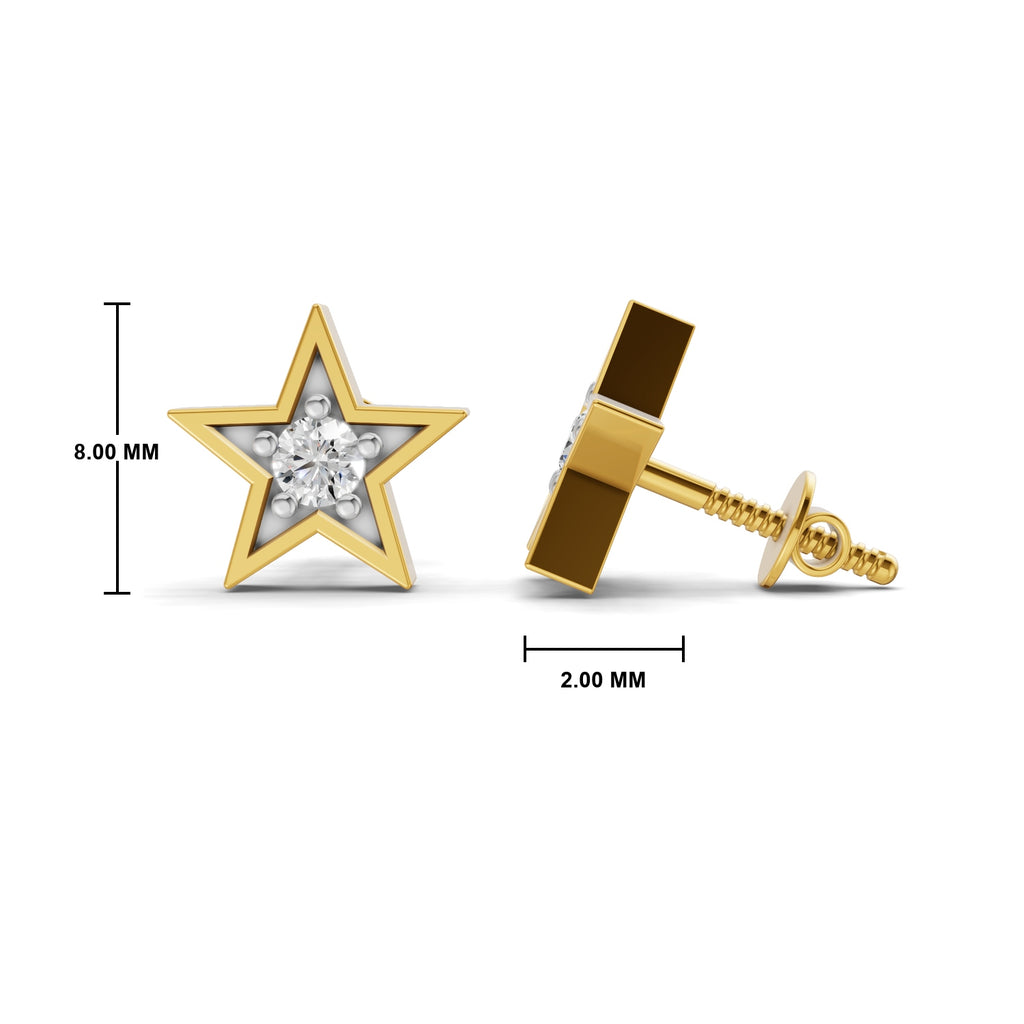 Gold star-shaped stud earrings with a clear crystal center, shown from front and side views with dimension markings of 8.00 mm and 2.