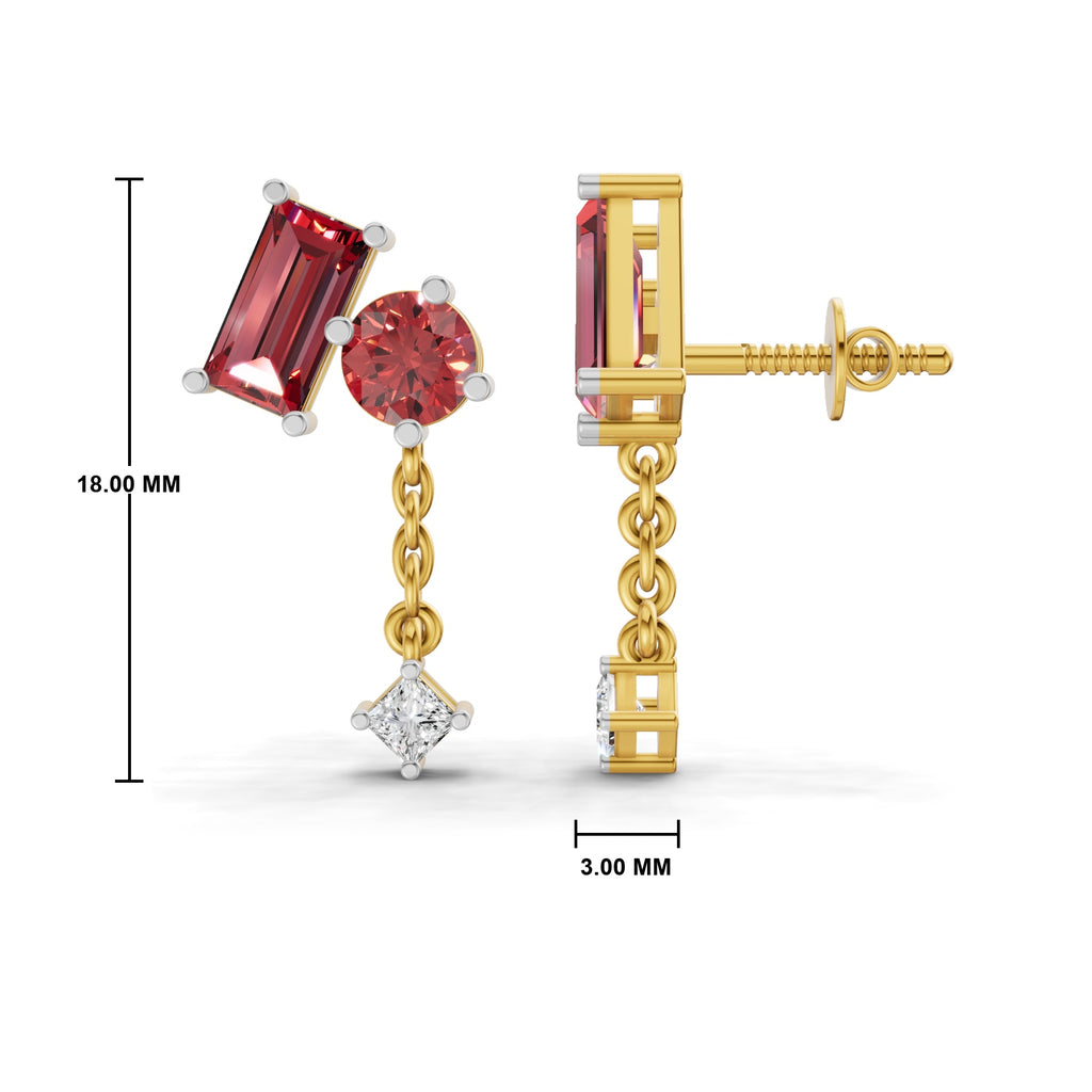 Gold and white gold drop earrings with a rectangular red gemstone, a round red gemstone, a diamond-shaped clear gemstone, and a side-view showing the post and backing. Includes size measurements of 18.