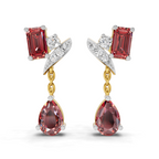 A pair of gold and white gold drop earrings featuring rectangular red gemstones, round clear accent stones, and teardrop-shaped red gemstones, shown on a white background.