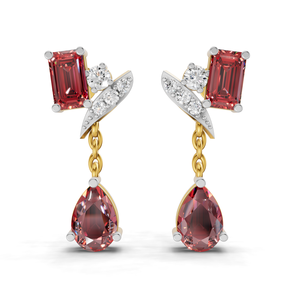 A pair of gold and white gold drop earrings featuring rectangular red gemstones, round clear accent stones, and teardrop-shaped red gemstones, shown on a white background.
