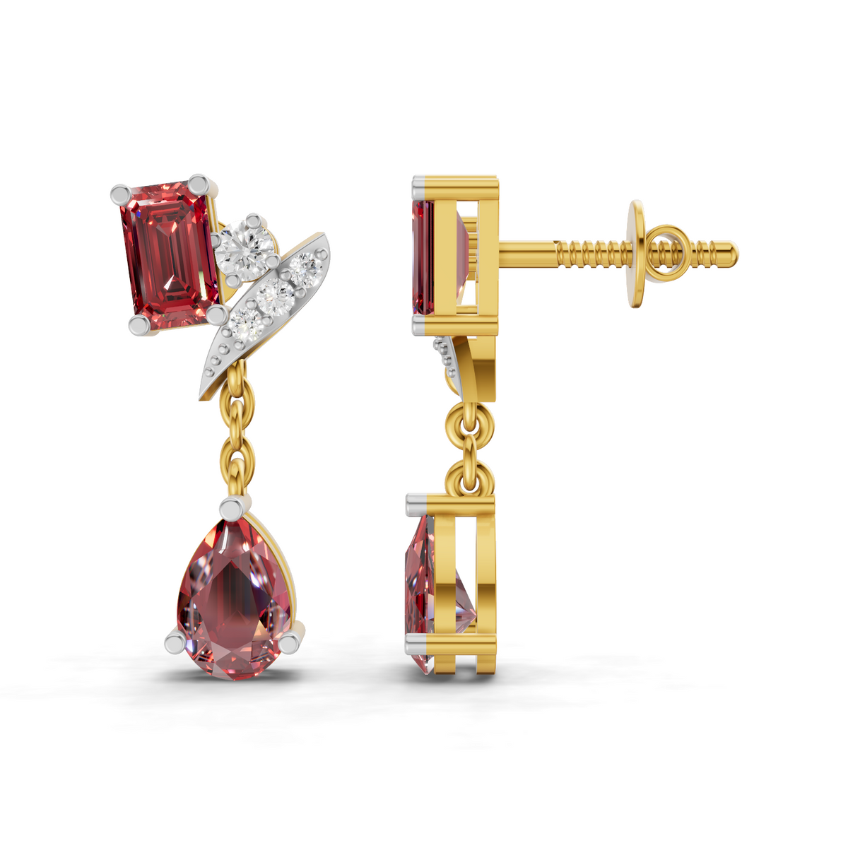 A pair of gold and rose gold drop earrings with red gemstones, shown from both front and side angles on a white background.