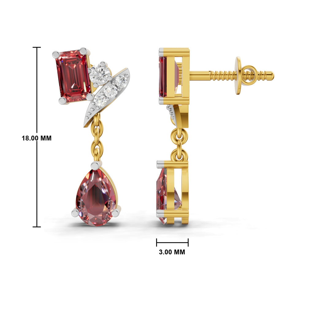 Gold and silver drop earrings with red gemstones, shown from front and side views with dimension markings of 18.00 mm and 3.