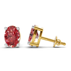 Oval red gemstone stud earrings in a two-tone gold and white gold setting, shown from the front and side angles on a white background.
