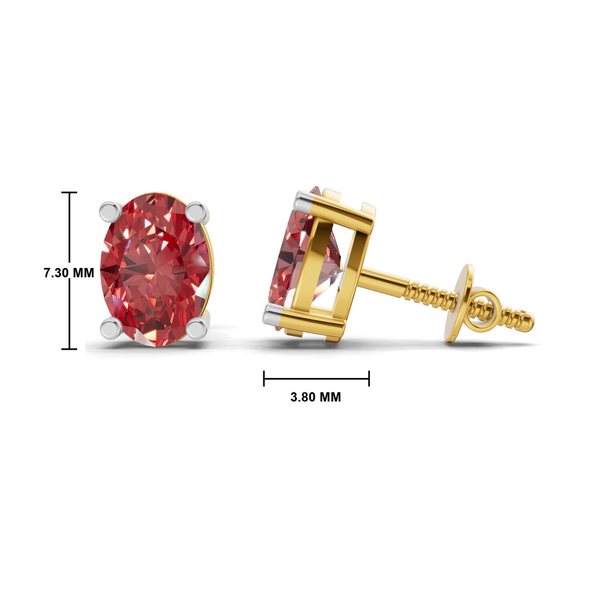 Oval red gemstone stud earrings shown on a white background, with one earring facing forward and the other in side profile showing the post and backing. Black measurement lines indicate 7.
