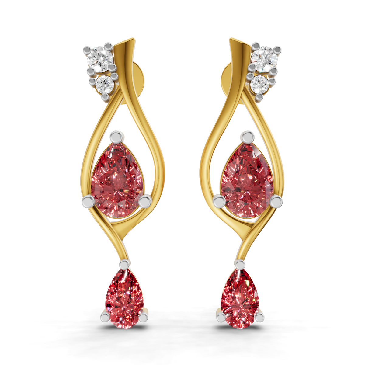 A pair of gold and white gold drop earrings featuring pear-cut pink gemstones and small clear accent stones, shown on a plain white background.