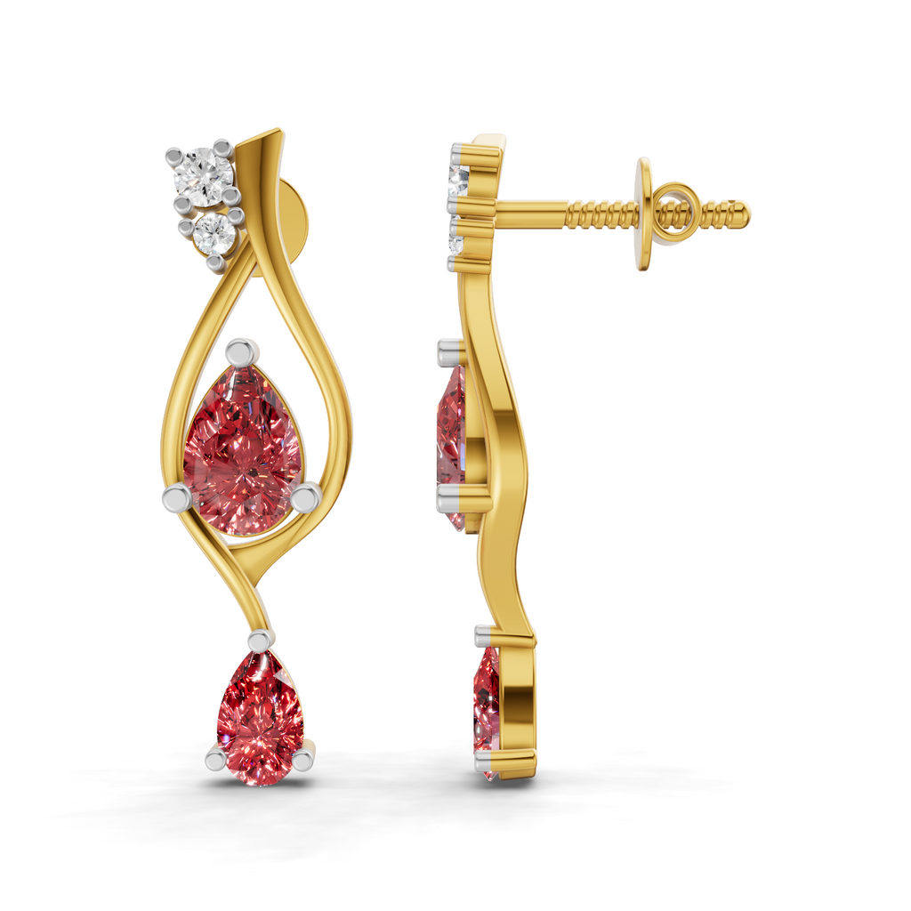 A pair of gold drop earrings with red pear-cut gemstones and small clear stones at the top, shown on a clean white background with one earring facing forward and the other showing the post and back.