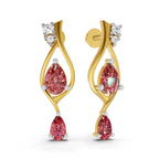 A pair of gold drop earrings featuring pear-cut pink gemstones, small silver accent prongs, and a cluster of clear round stones at the top, shown on a white background.