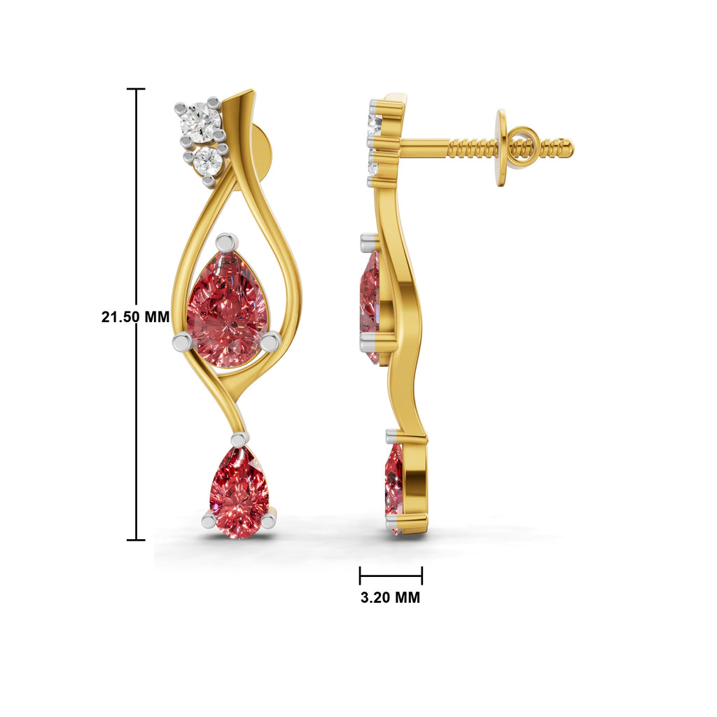 Gold drop earrings with pear-cut pink gemstones and small clear accent stones, shown front and side view on a white background with measurement lines and text indicating 21.50 mm height and 3.