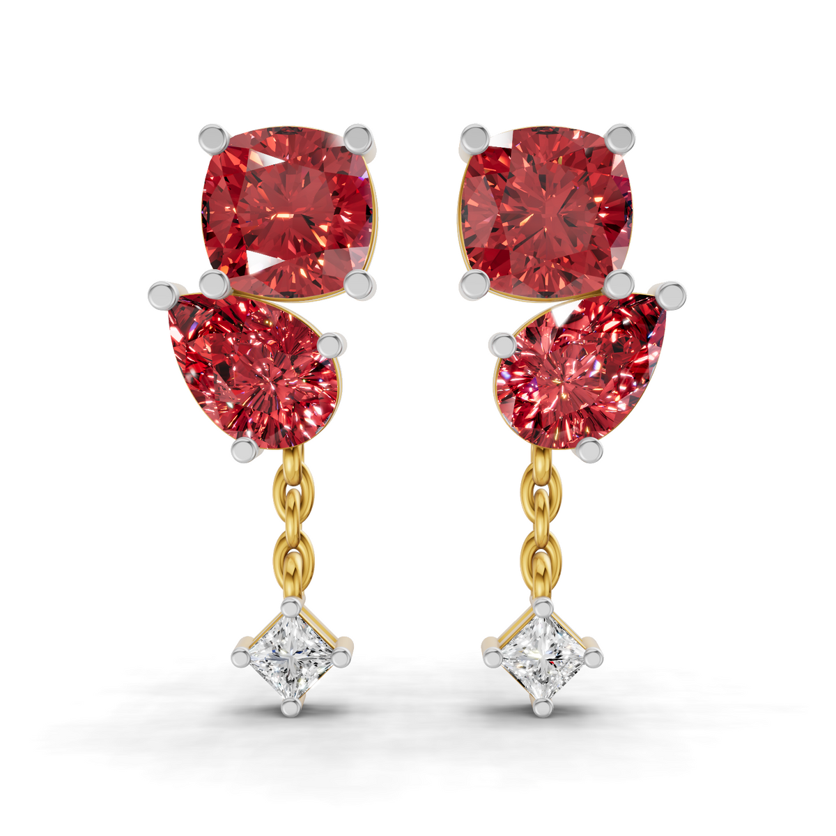 A pair of gold and white gold drop earrings featuring three red gemstones and a small clear diamond at the bottom, set against a plain white background.