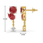 Gold drop earrings with two red gemstones and a clear diamond dangle, shown with dimension markers of 18.00 mm height and 4.