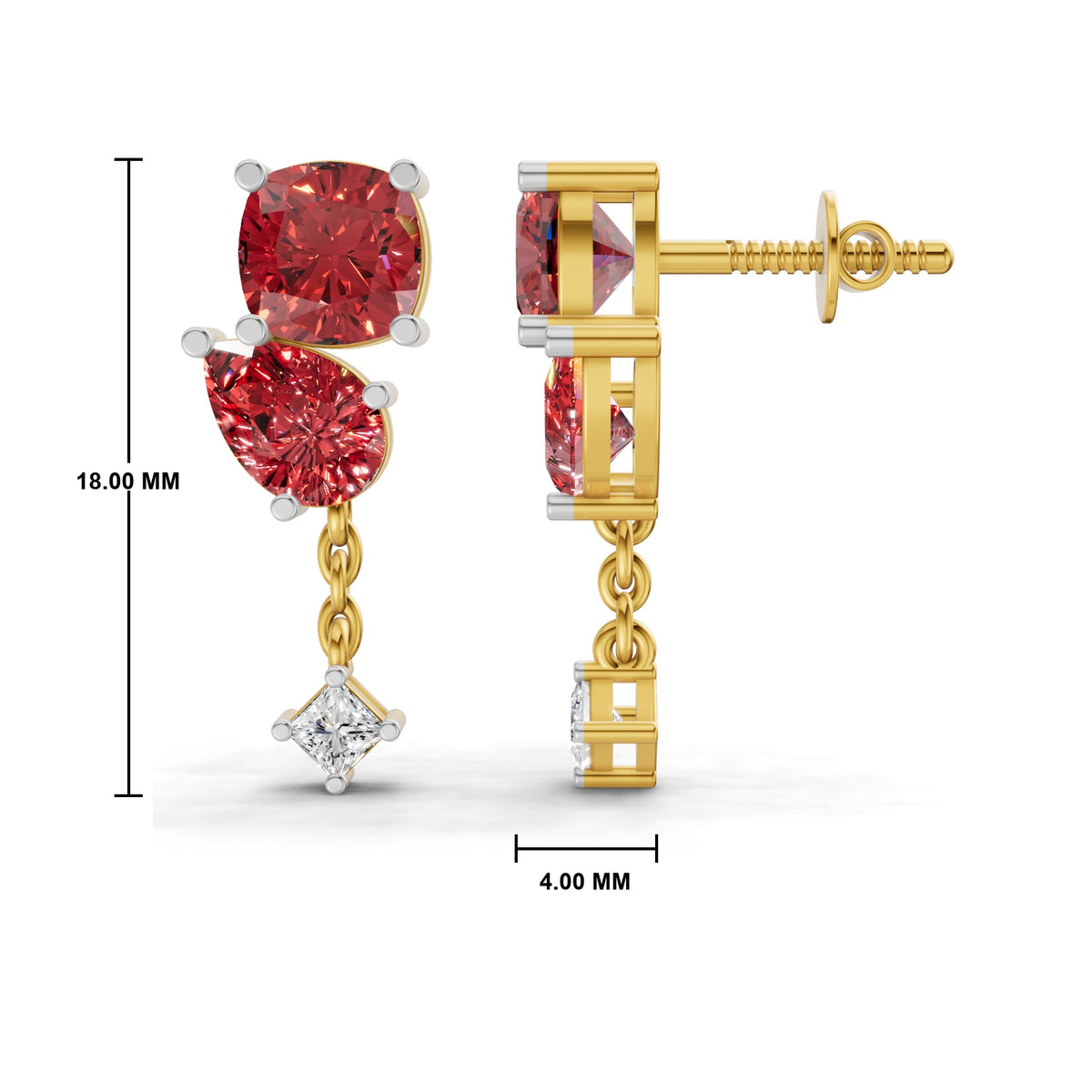 Gold drop earrings with two red gemstones and a clear diamond dangle, shown with dimension markers of 18.00 mm height and 4.