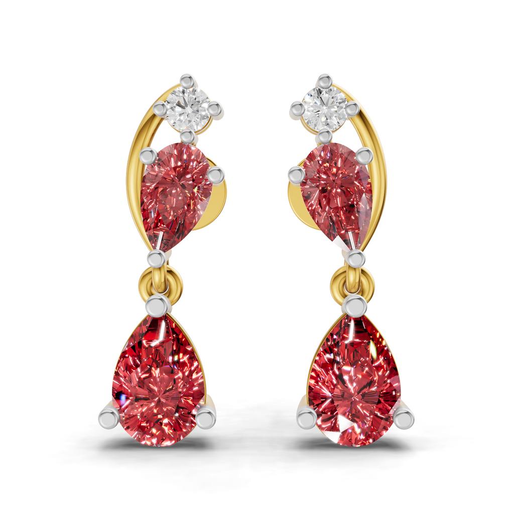 A pair of gold and white gold drop earrings featuring large marquise-cut pink diamonds and pear-cut pink diamonds, accented with small clear round diamonds at the top, shown on a white background.