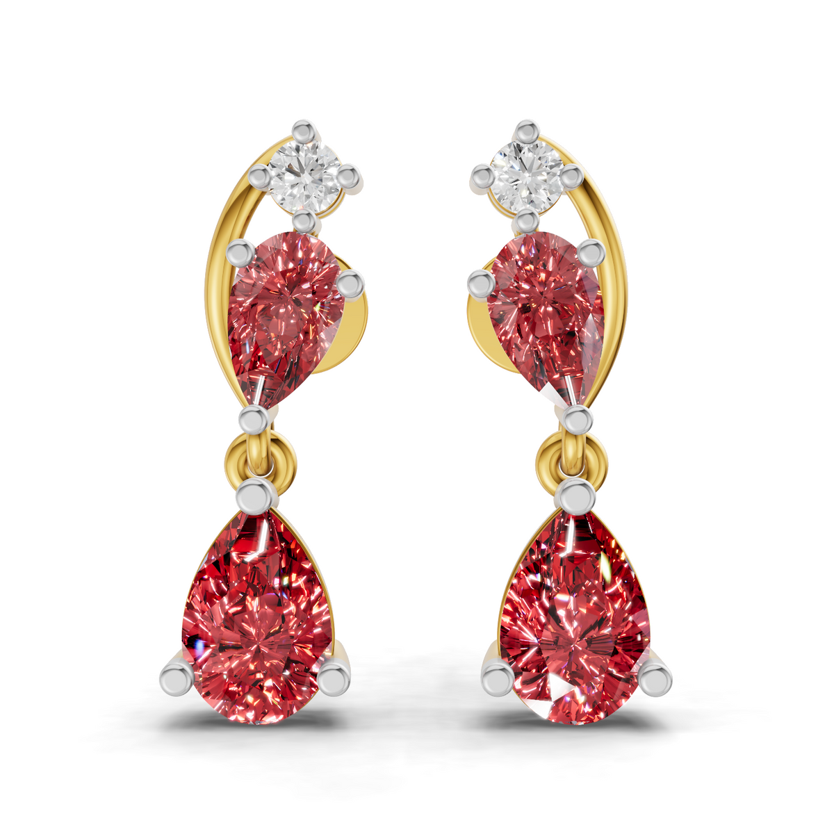A pair of gold and white gold drop earrings featuring large marquise-cut pink diamonds and pear-cut pink diamonds, accented with small clear round diamonds at the top, shown on a white background.