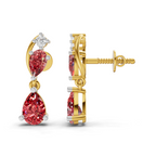 A pair of gold drop earrings with teardrop-shaped pink gemstones and a small round clear stone at the top, shown on a white background with one earring facing forward and the other showing the side post.