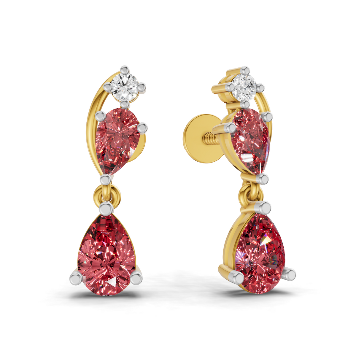 A pair of gold drop earrings featuring large pear-cut pink gemstones, a smaller marquise-cut pink gemstone, a round clear stone at the top, and small silver-colored accent stones, shown on a white background.