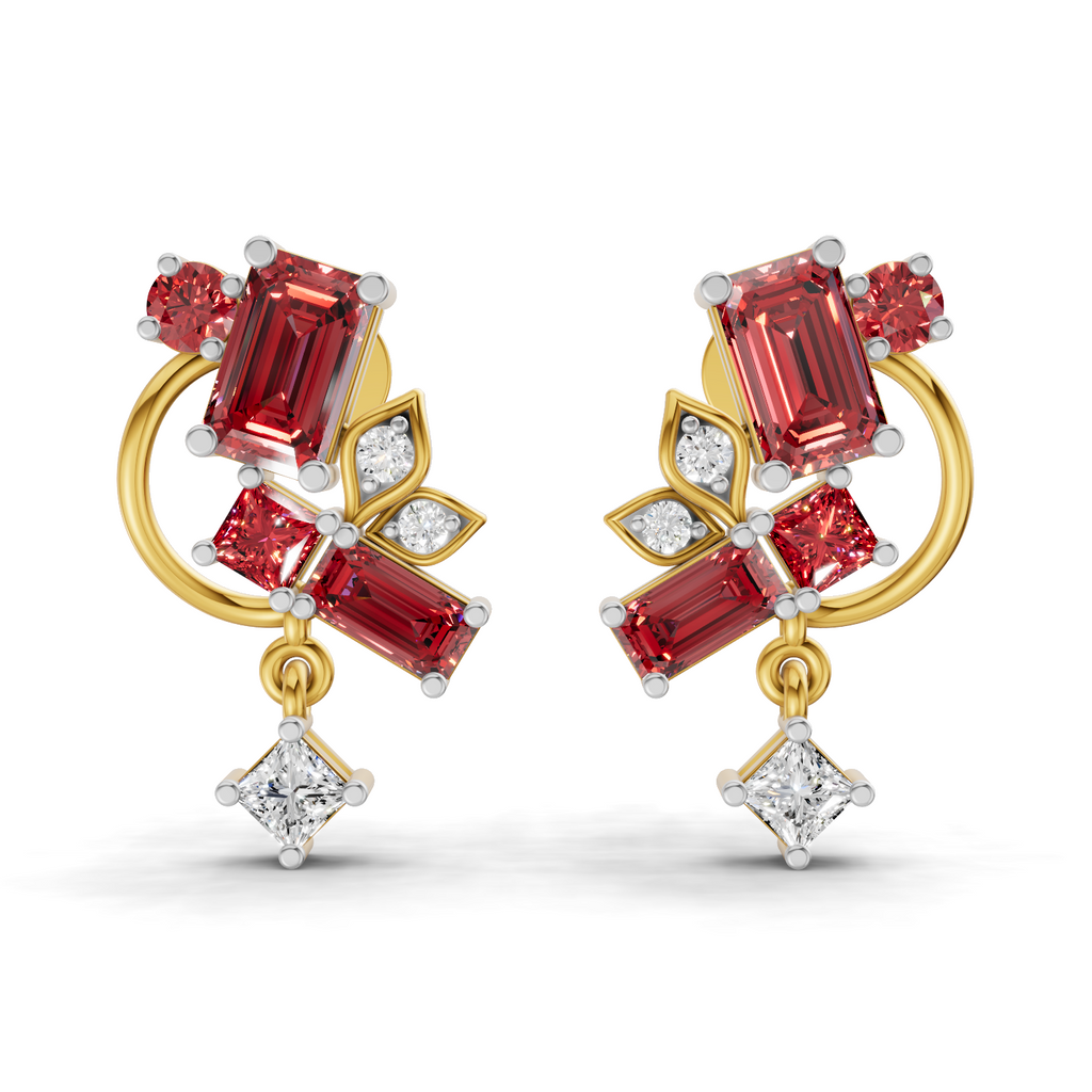 A pair of gold and white gold drop earrings featuring baguette-cut red sapphires, round red sapphires, and clear accent diamonds on a white background.
