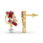 A pair of gold hoop earrings with red gemstone clusters and clear accent stones, shown from the front and side profile on a white background.