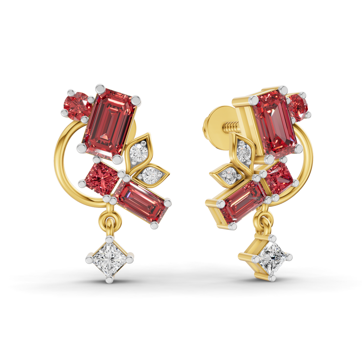 A pair of gold and ruby red gemstone earrings with small clear accent stones, shown on a clean white background.
