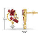 Gold and white gold hoop earrings with red gemstone clusters and clear accent stones, shown from the front and side with measurement markers indicating 15.00 mm height and 3.