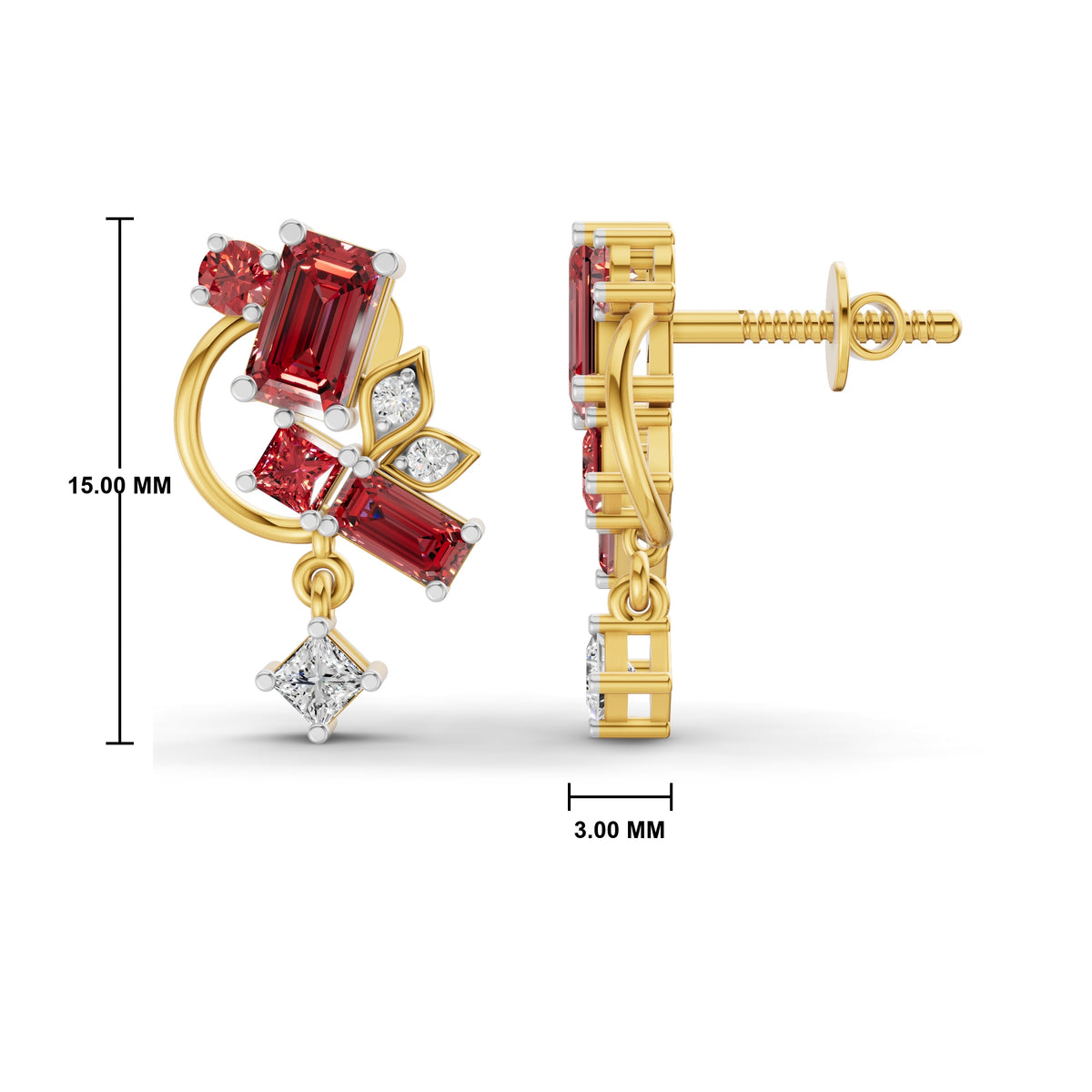 Gold and white gold hoop earrings with red gemstone clusters and clear accent stones, shown from the front and side with measurement markers indicating 15.00 mm height and 3.