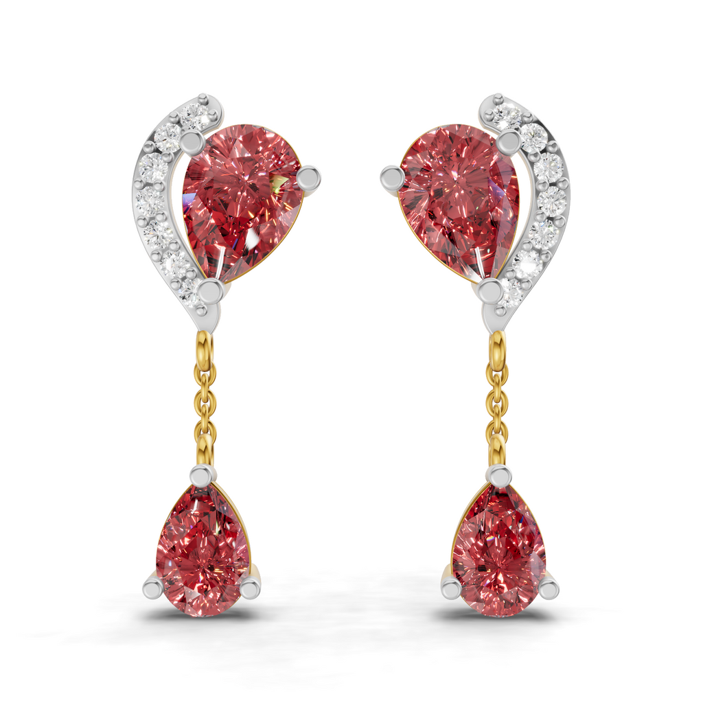 A pair of drop earrings featuring pear-cut pink diamonds suspended between silver and yellow gold settings with small clear accent diamonds, shown on a white background.