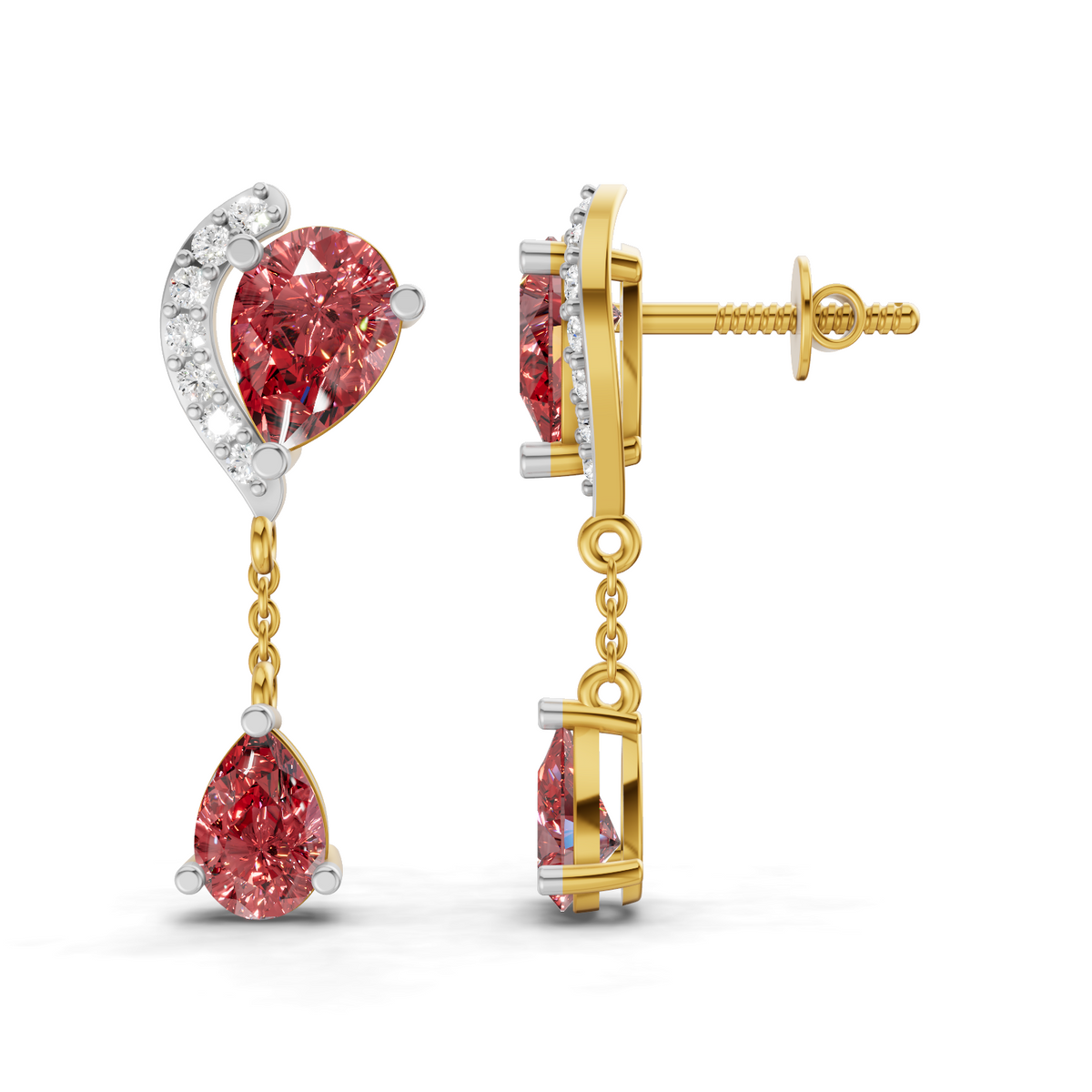 A pair of gold and white gold drop earrings with red gemstones, shown from both the front and side angles on a white background.