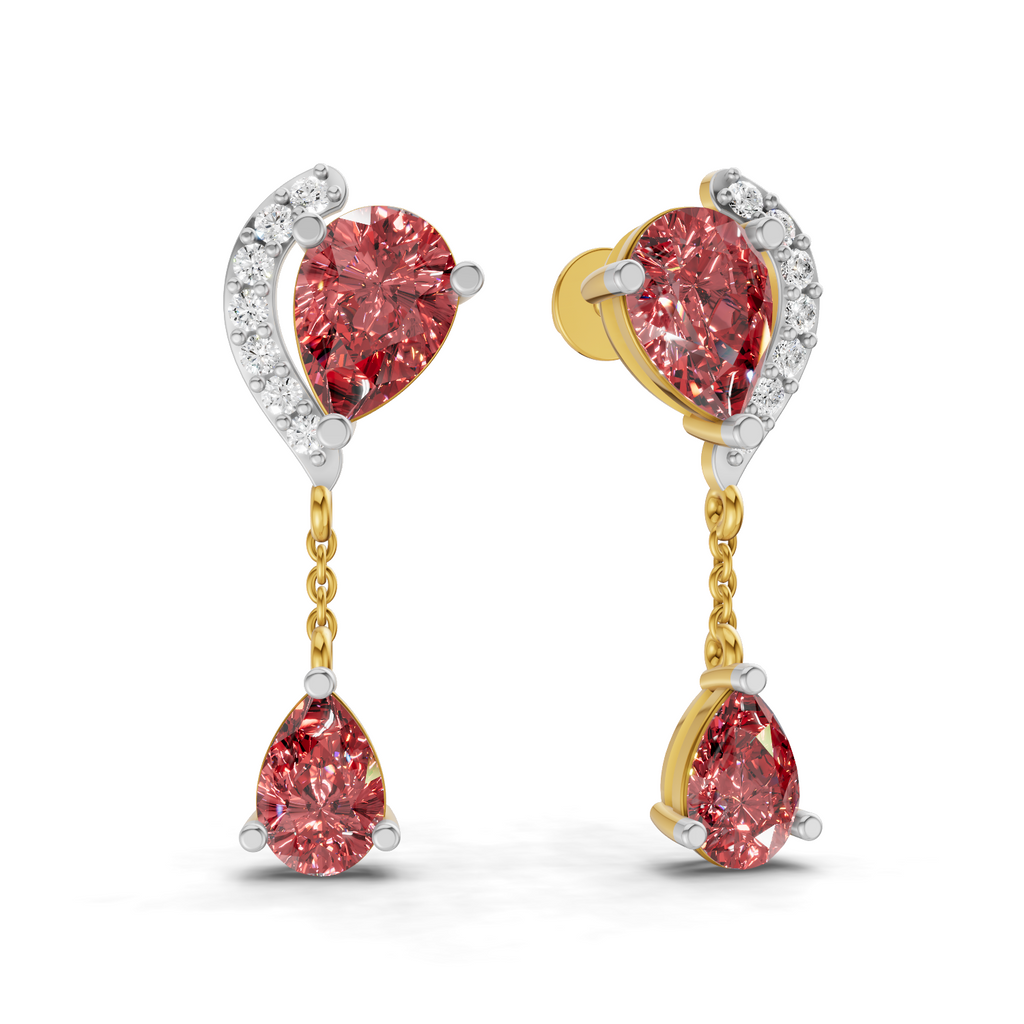 A pair of gold and white gold drop earrings with heart-shaped pink gemstones and diamond accents, shown on a clean white background.