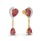 A pair of gold and white gold drop earrings with heart-shaped pink gemstones and diamond accents, shown on a clean white background.