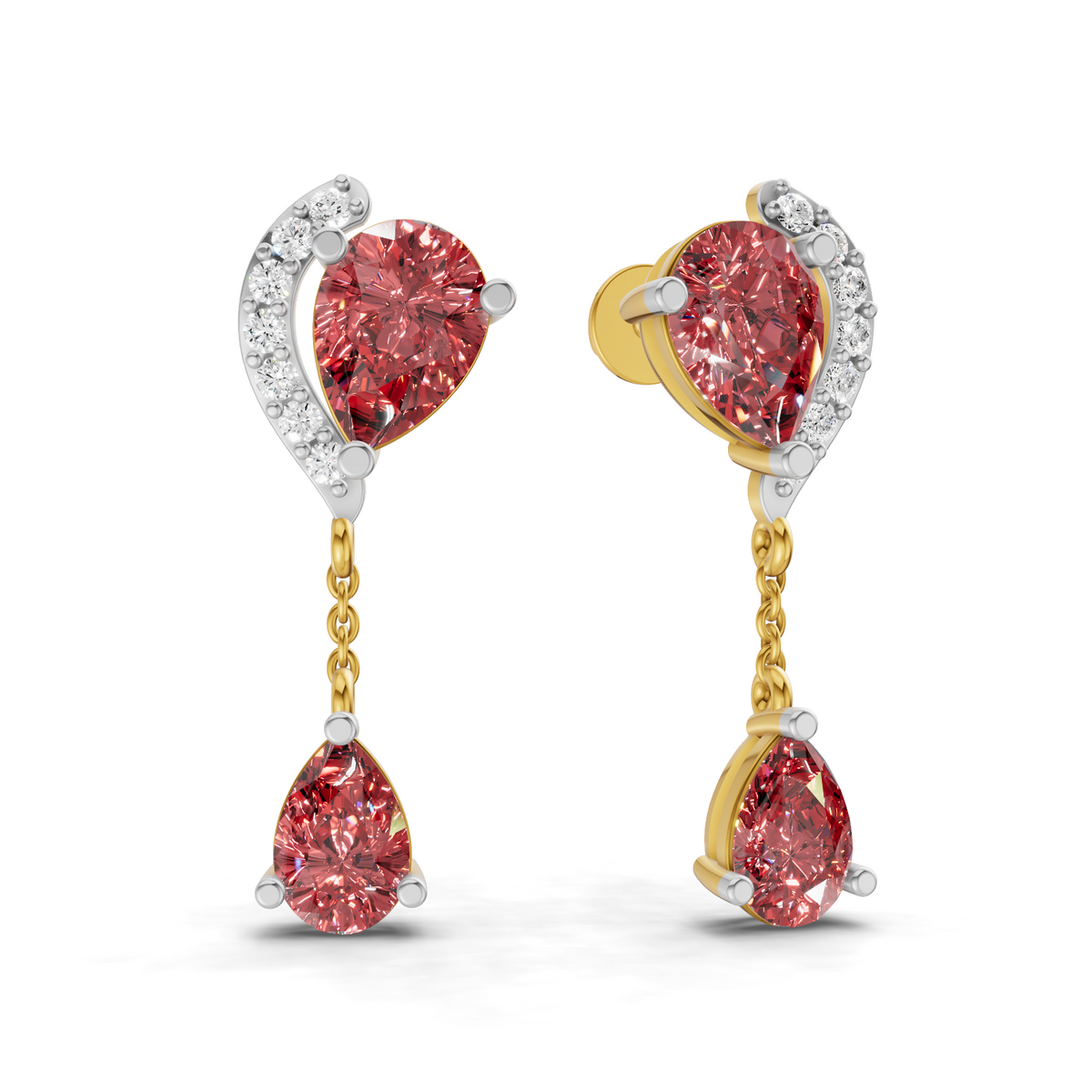 A pair of gold and white gold drop earrings with heart-shaped pink gemstones and diamond accents, shown on a clean white background.