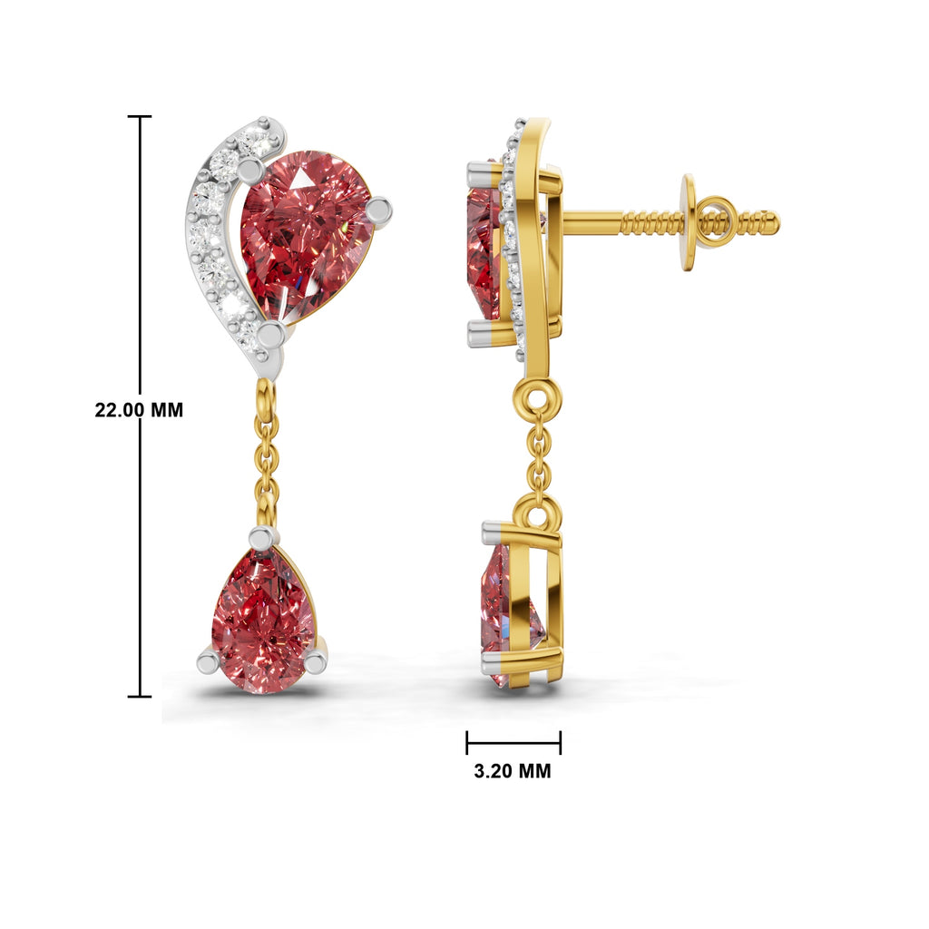 Gold and white gold drop earrings with red gemstones, shown from front and side views with dimension markings of 22.00 mm height and 3.