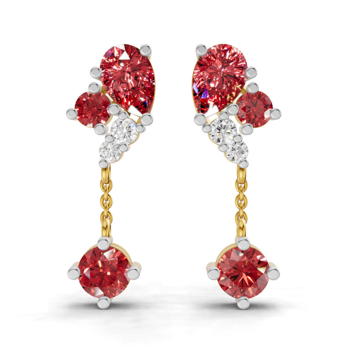 A pair of gold and white gold drop earrings featuring oval-cut red diamonds, round-cut red diamonds, and small clear accent diamonds, shown on a white background.