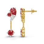 A pair of gold drop earrings with red and clear gemstones, shown from both front and side angles on a white background.