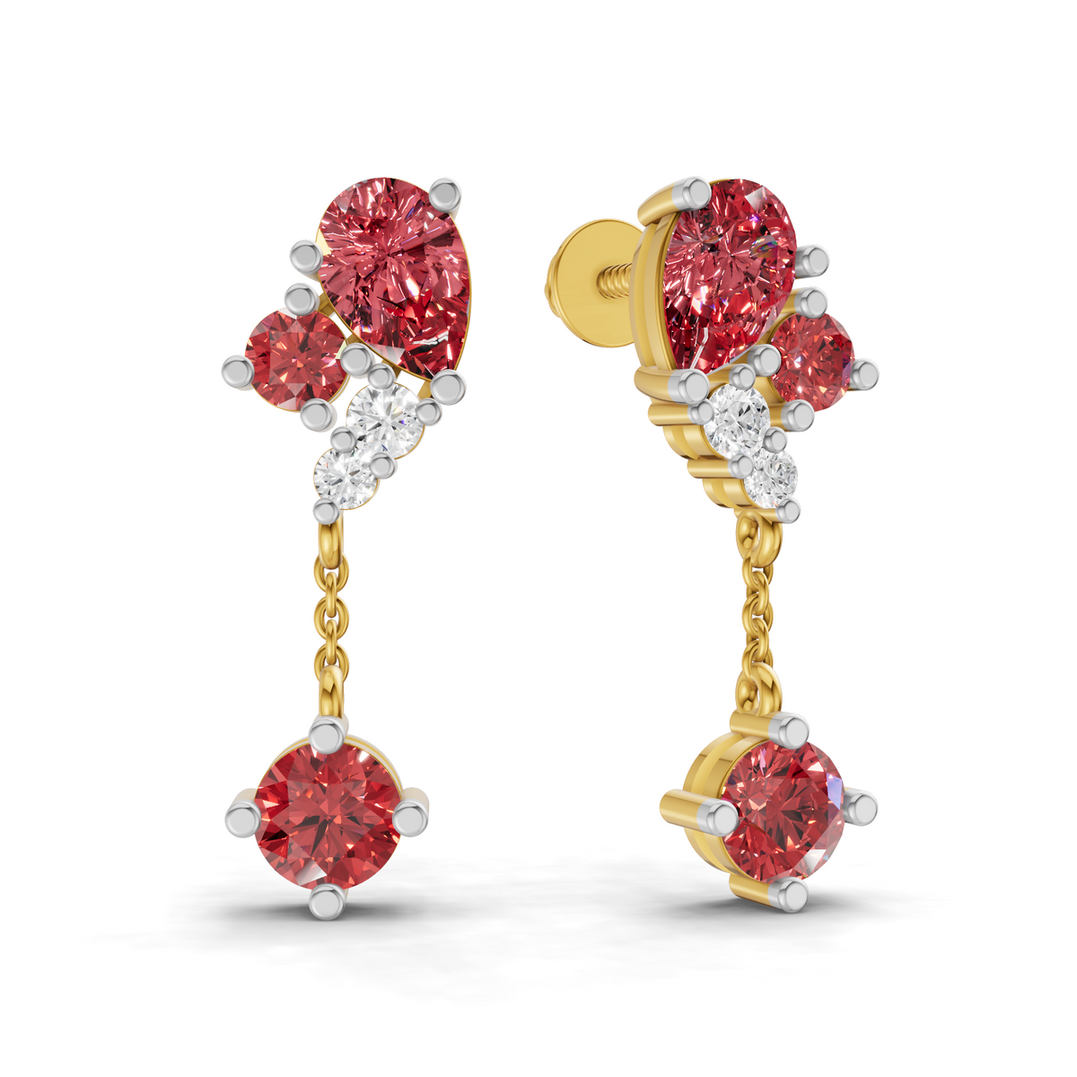 A pair of gold and white metal drop earrings with vibrant pinkish-red round gemstones, accented by small clear stones, shown on a white background.