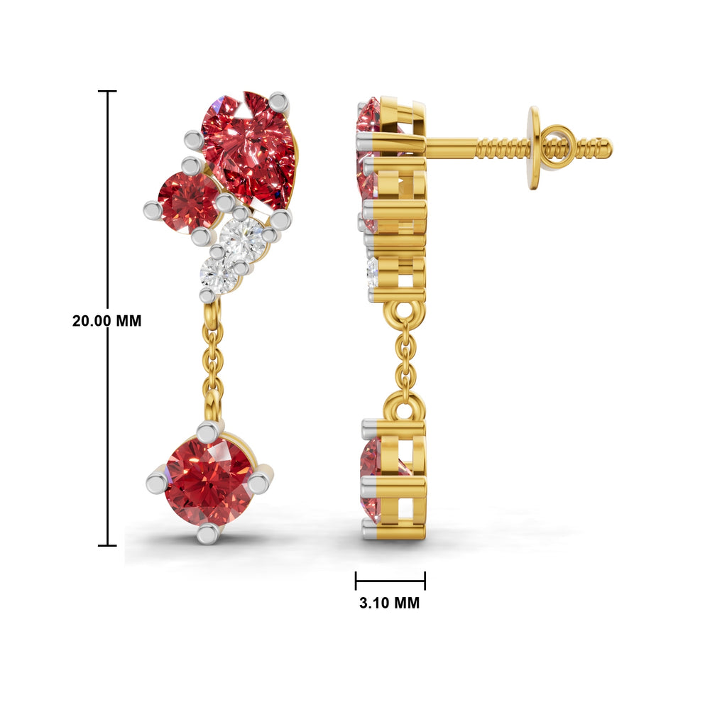 Gold-plated dangle earrings with red and clear cubic zirconia stones, shown from front and side views with dimension markings of 20.00 mm and 3.