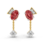 A pair of gold and white gold drop earrings featuring oval pinkish-red center stones, triangular top sections with small clear stones, and square diamond-shaped end sections with clear stones, shown on a white background.
