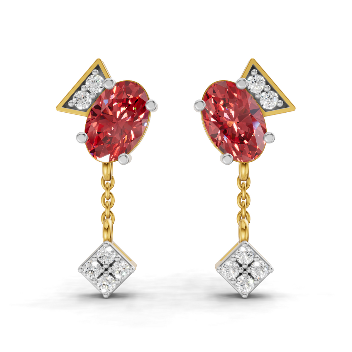A pair of gold and white gold drop earrings featuring oval pinkish-red center stones, triangular top sections with small clear stones, and square diamond-shaped end sections with clear stones, shown on a white background.
