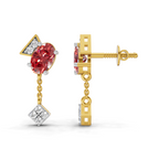 A pair of gold dangle earrings featuring oval pinkish-red gemstones and diamond accents, shown from both front and side angles on a white background.