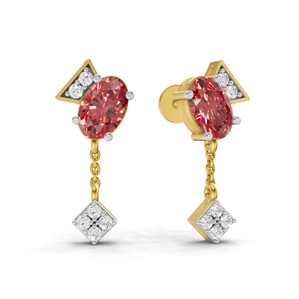A pair of gold drop earrings featuring oval pinkish-red center stones, triangular gold and clear stone tops, and diamond-shaped clear stone drops, shown on a white background.