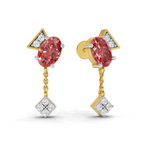 A pair of gold drop earrings featuring oval pinkish-red center stones, triangular gold and clear stone tops, and diamond-shaped clear stone drops, shown on a white background.