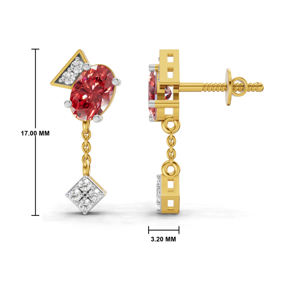 Gold and white gold dangle earrings with a red oval gemstone and a diamond-accented square drop, shown with measurement markings of 17.00 mm height and 3.