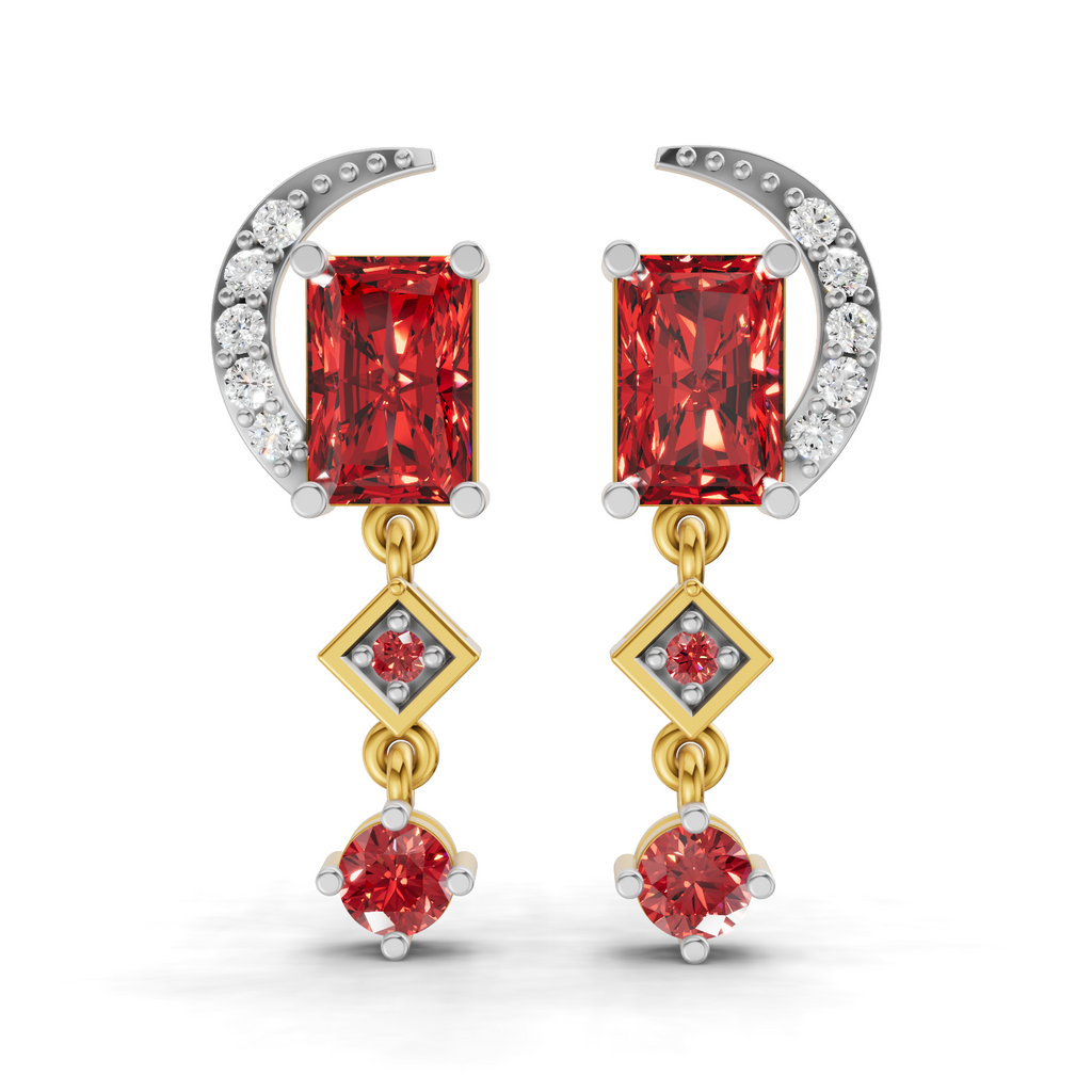 A pair of gold and silver drop earrings with rectangular red gemstones, small clear accent stones, and a crescent moon motif, shown on a plain white background.